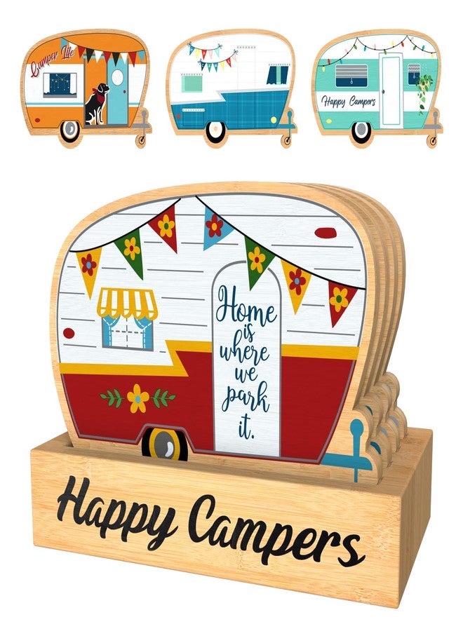 Haigoo Camper Coasters Set of 4, Happy Camper Bamboo Drink Coasters with Holder, Camping Gifts for Camper Lovers Women Men, Suitable for Kinds of Cups, Coffee Table, Camper Decor - Image 1